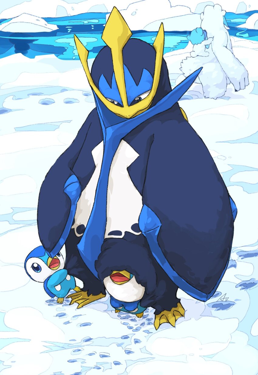 aomon_(yuuji7604) bear beartic bird black_skin blue_fur blue_skin colored_skin cubchoo empoleon gen_4_pokemon gen_5_pokemon highres ice multicolored_skin nintendo no_humans penguin piplup pokemon pokemon_(creature) polar_bear snow two-tone_skin white_fur white_skin