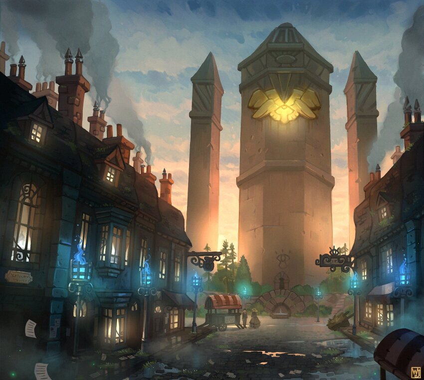 architecture artist_logo blue_fire building chimney city cloud cloudy_sky commentary day english_commentary european_architecture fantasy fire fog grass highres house logo market_stall original outdoors people plant puddle road scenery sign sky smoke stairs standing street tower tree waltjan water wide_shot