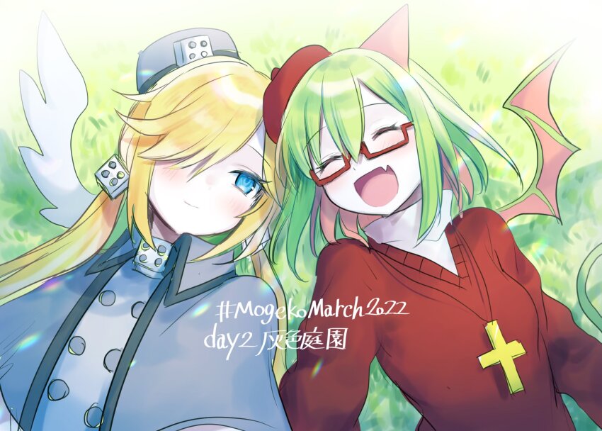 243_kou 2girls ^_^ angel beret blue_eyes capelet closed_eyes closed_mouth colored_skin cross cross_necklace dated demon demon_girl demon_tail demon_wings fang froze_(funamusea) funamusea grass green_hair green_wings grey_capelet grey_headwear haiiro_teien hair_between_eyes hair_over_one_eye hashtag hat highres horns jewelry light_blush light_particles looking_at_another low_twintails multiple_girls necklace open_mouth red-framed_eyewear red_headwear red_sweater semi-rimless_eyewear shirt short_hair sidelocks single_horn skin_fang smile sweater swept_bangs tail twintails vignetting white_shirt white_skin white_wings wings yosafire_(funamusea) yuri