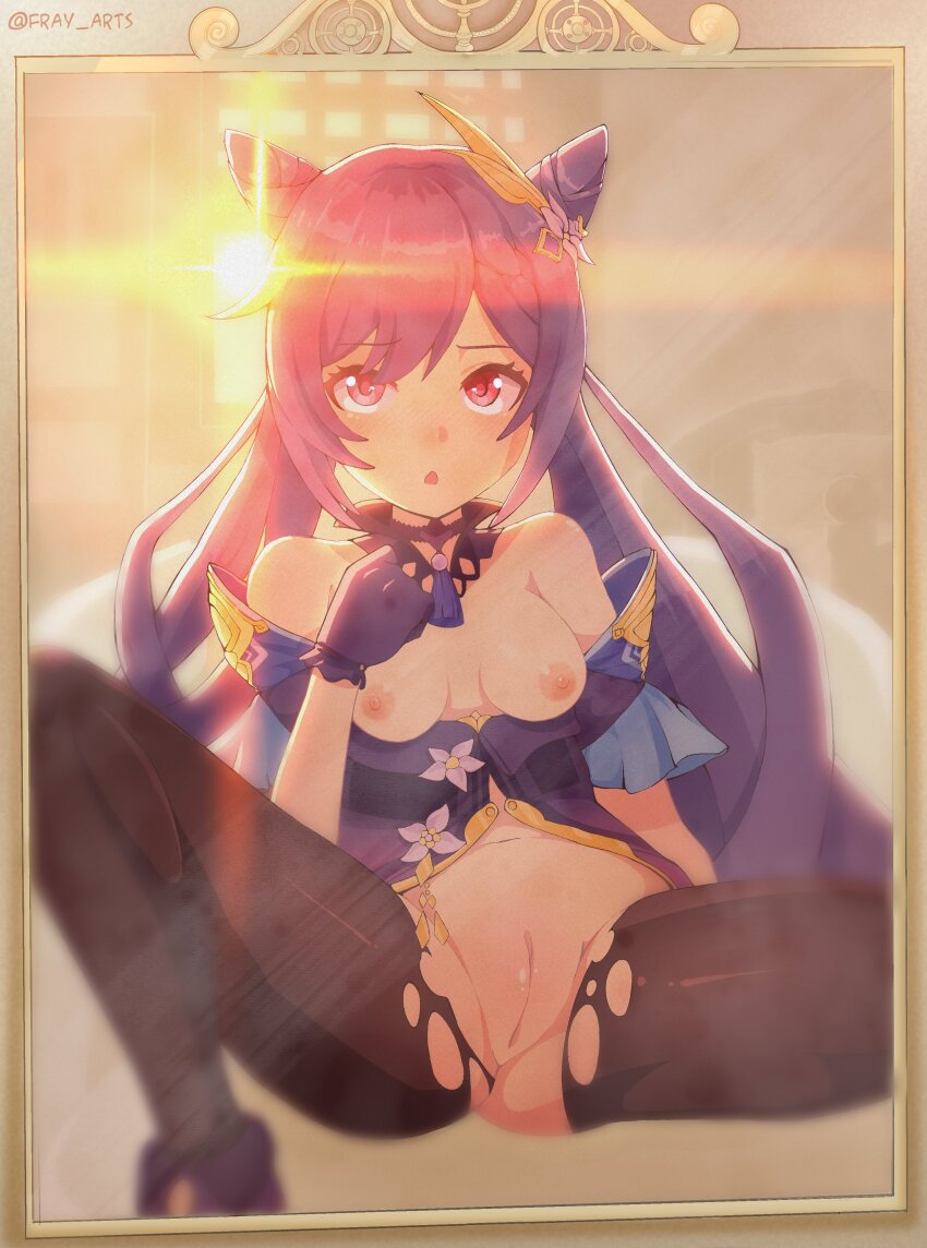 1girl :o absurdres bare_shoulders black_pantyhose blush breasts breasts_out brown_background choker cone_hair_bun double_bun dress film_grain flower fray_(fray_arts) frilled_gloves frills genshin_impact gloves hair_bun hair_ears hair_ornament hair_ornament_request heavy_lens_flare highres indoors keqing_(genshin_impact) lens_flare long_hair looking_at_mirror looking_at_viewer medium_breasts mirror nipples open_mouth pantyhose purple_dress purple_eyes purple_gloves purple_hair pussy short_dress sitting solo torn_clothes torn_pantyhose twintails twitter_username white_flower