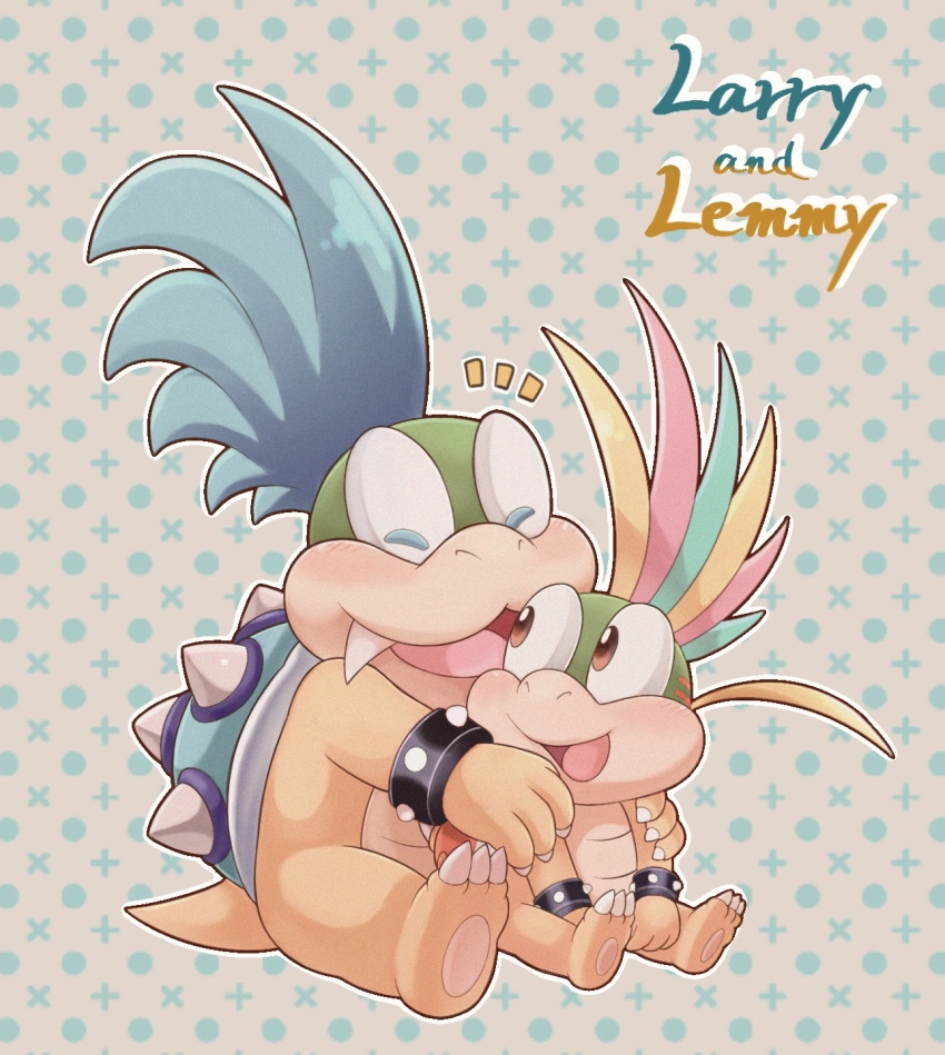 aaaaiueo76 blue_hair bracelet brothers brown_eyes character_name closed_eyes highres jewelry larry_koopa lemmy_koopa male_focus mario_(series) multicolored_hair nintendo open_mouth siblings simple_background sitting spiked_bracelet spikes