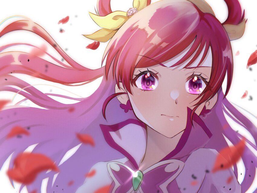 1girl closed_mouth commentary_request cure_dream earrings floating_hair glint high_collar highres jewelry long_hair magical_girl petals pink_eyes pink_hair precure red_petals shigen_pr simple_background solo swept_bangs upper_body white_background yes!_precure_5 yes!_precure_5_gogo! yumehara_nozomi