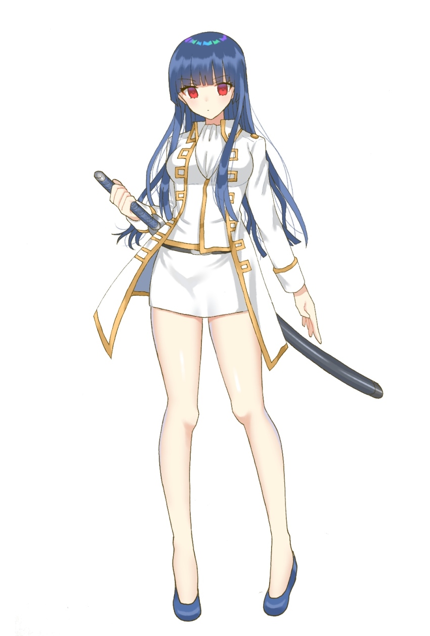 1girl bad_id bad_pixiv_id blue_footwear blue_hair blunt_bangs female_focus full_body gintama highres hime_cut holding holding_sword holding_weapon imai_nobume jacket katana long_hair long_sleeves looking_at_viewer military_jacket miniskirt oshage_(osyage921) pencil_skirt red_eyes sheath sheathed simple_background skirt solo standing straight_hair sword very_long_hair weapon white_background white_jacket white_skirt