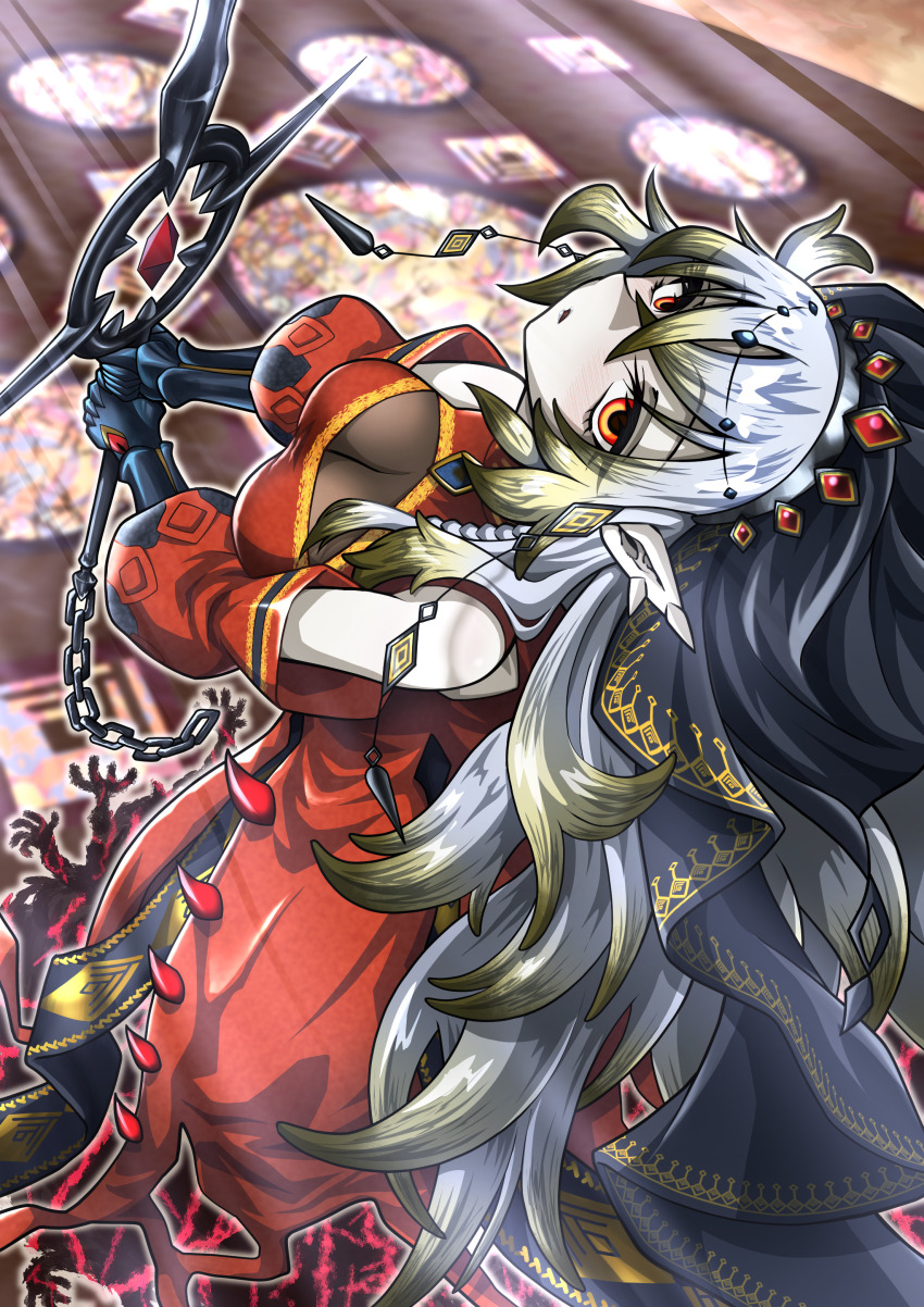 1girl absurdres blazing_cartesia_the_virtuous blush breasts cleavage dress duel_monster ecclesia_(yu-gi-oh!) gem gloves hair_between_eyes highres holding holding_sword holding_weapon houmuruseijaku large_breasts long_hair long_sleeves looking_at_viewer looking_up parted_lips pointy_ears red_dress red_eyes solo stained_glass sword tiara veil weapon white_hair yu-gi-oh!