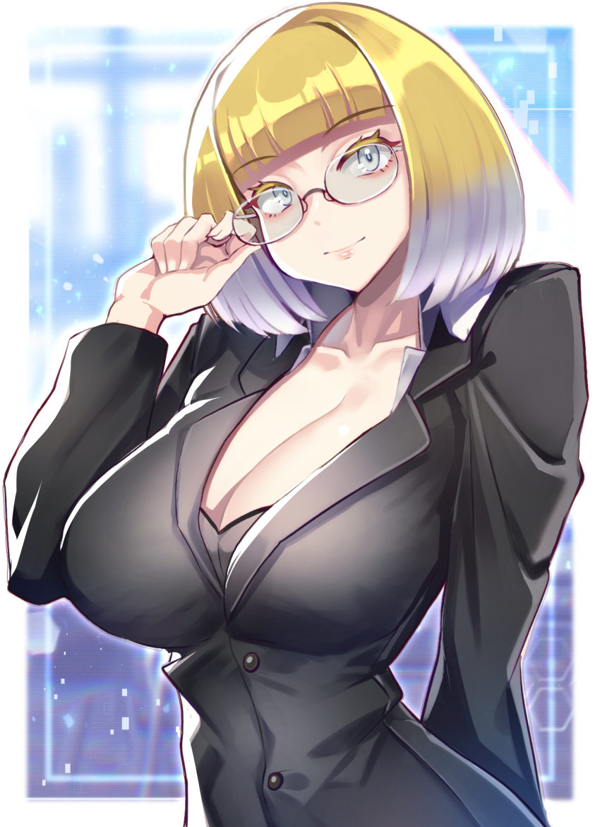 absurdres adjusting_eyewear black_suit blonde_hair breasts cleavage crossover_nexus_project crossover_nexus_series unworn_eyewear formal_clothes glasses grey_eyes grey_hair hand_on_eyewear highres holding holding_removed_eyewear isekai_monogatari_series lana_(isekai_monogatari) large_breasts multicolored_hair office_lady suit yasu_suupatenin