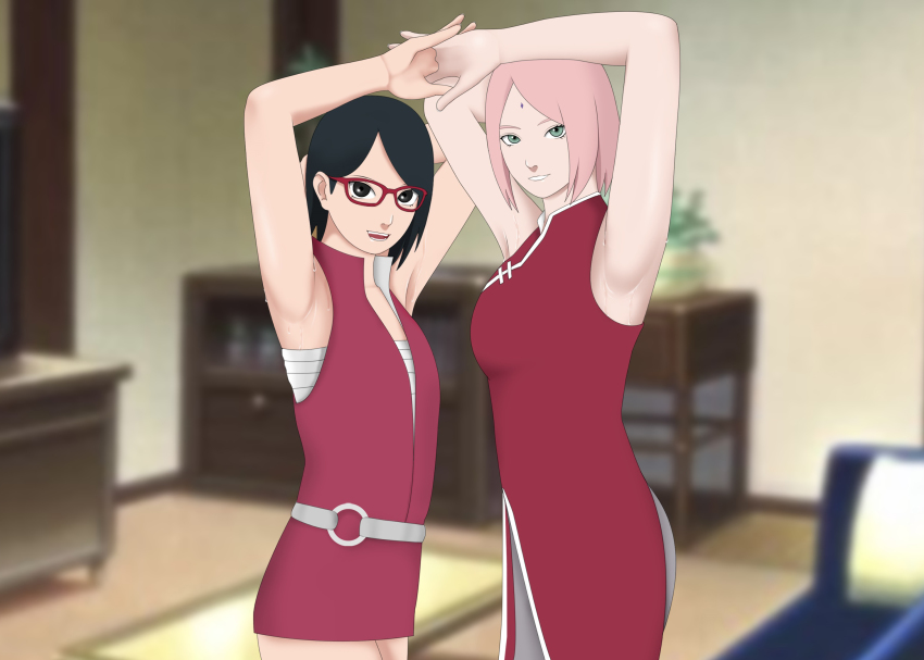 2girls armpit_crease armpits arms_behind_head arms_up black_eyes black_hair blouse blurry blurry_background boruto:_naruto_next_generations commission commissioner_upload deep_armpits facial_mark forehead_jewel forehead_mark glasses green_eyes hand_up hands_up haruno_sakura herianforce highres holding_hands loli mature_female mother_and_daughter multiple_girls naruto_(classic) naruto_(series) ninja own_hands_clasped pink_hair presenting presenting_armpit red-framed_eyewear red_shirt seductive_smile sexually_suggestive shirt short_hair sleeveless sleeveless_duster sleeveless_shirt smell smile smooth_armpits suggestive_look sweat uchiha_sarada