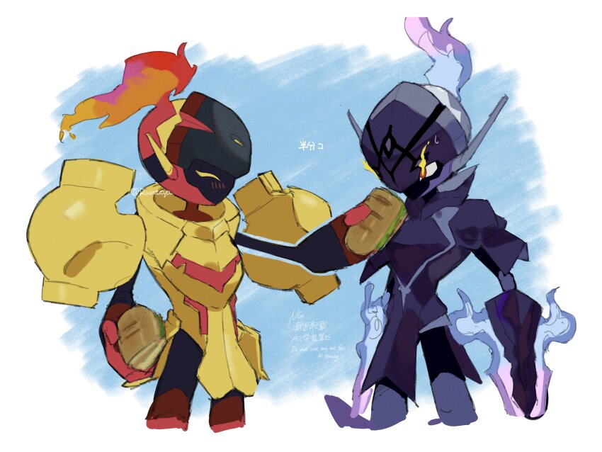 absurdres alternate_color arm_blade armarouge armor ceruledge closed_eyes cowboy_shot fire food game_freak highres nintendo pokemon pokemon_(creature) purple_armor purple_fire runteya sandwich sharing_food shiny_pokemon shoulder_armor sketch twitter_username weapon yellow_armor