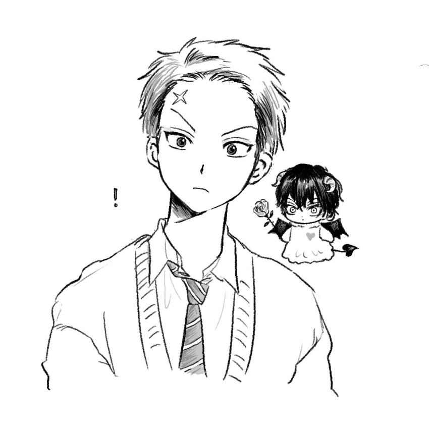 ! 2boys cardigan chibi closed_mouth collared_shirt cropped_shoulders cross_scar demon_horns demon_tail demon_wings diagonal-striped_clothes diagonal-striped_necktie dot_mouth dot_nose flower frown fuji_yuuta greyscale heart heart_print holding holding_flower horns male_focus mizuki_hajime mochita80 monochrome multiple_boys necktie rose scar scar_on_face scar_on_forehead school_uniform shirt short_hair shoulder_devil simple_background striped_clothes tail tennis_no_ouji-sama v-shaped_eyebrows very_short_hair white_background wide-eyed wings wispy_bangs