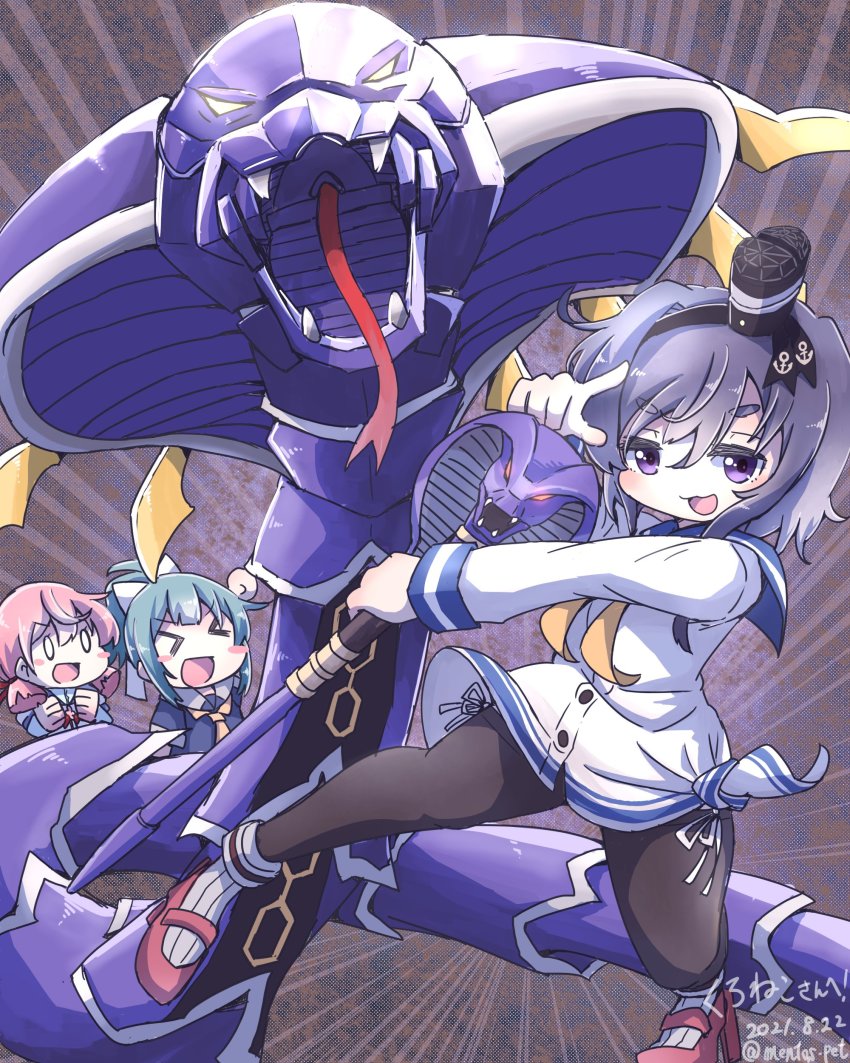&gt;_&lt; :3 absurdres akashi_(kancolle) anchor_symbol aoba_(akibajun) black_legwear blush commission crossover dated dress green_hair grey_hair highres holding kamen_rider kamen_rider_ouja kamen_rider_ryuki_(series) kantai_collection long_hair long_sleeves mecha multiple_girls open_mouth panties pantyhose pink_hair ponytail purple_eyes red_footwear robot rudder_footwear sailor_collar sailor_dress school_uniform serafuku shirt short_hair_with_long_locks short_sleeves side-tie_panties simple_background skeb_commission tied_shirt tokitsukaze_(kancolle) twitter_username underwear venosnaker white_background white_dress white_panties yellow_neckwear yuubari_(kancolle)