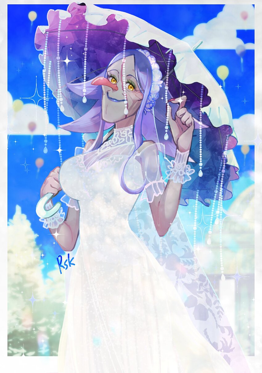 1girl balloon charlotte_brulee closed_mouth cloud commentary_request cowboy_shot dress highres holding holding_umbrella looking_at_viewer medium_hair one_piece purple_hair rsk_rasukuman see-through_clothes see-through_sleeves sidelocks sky smile solo sparkle umbrella white_dress yellow_eyes