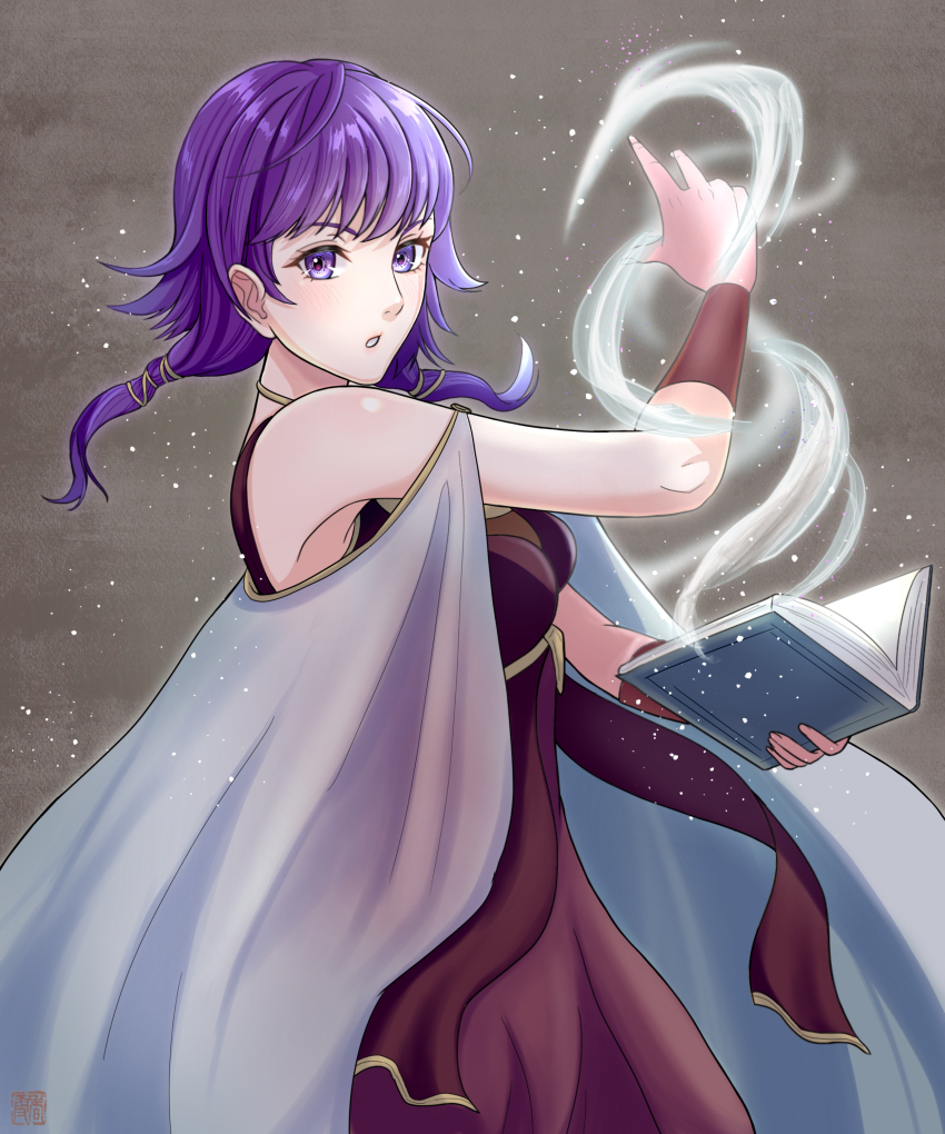 1girl absurdres aqua_cape bare_shoulders blue_cape book cape fire_emblem fire_emblem:_the_sacred_stones highres holding holding_book kousetu0506 long_hair looking_at_viewer low_twintails lute_(fire_emblem) nintendo open_book open_mouth purple_eyes purple_hair solo twintails