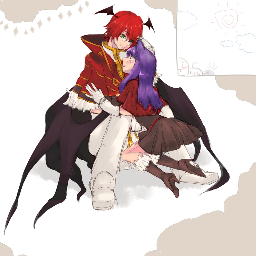 1boy 1girl black-framed_eyewear black_wings blush boots brown_boots brown_dress cape capelet closed_mouth commentary_request creator_(ragnarok_online) dress full_body fur-trimmed_boots fur-trimmed_capelet fur_trim glasses gloves green_eyes head_wings hetero high_wizard_(ragnarok_online) highres hug long_hair looking_at_another pants purple_hair ragnarok_online red_cape red_capelet red_hair shirokuro_(erisnoa) shirt shoes smile white_background white_gloves white_pants white_shirt white_shoes wings