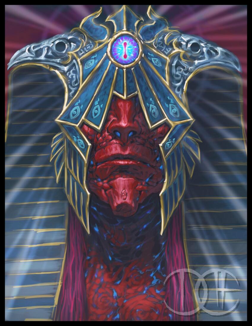 1boy ancient_egyptian_hat blue_headwear close-up colored_skin covered_eyes cyclops david_haire energy glowing glowing_eye headpiece highres long_hair magnus_the_red one-eyed primarch red_hair red_skin signature solo warhammer_40k