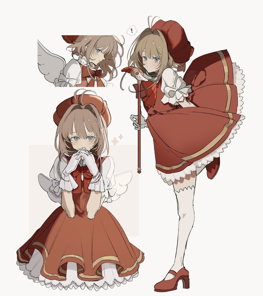 ! 1girl absurdres antenna_hair blue_eyes bow bowtie brown_hair cardcaptor_sakura closed_mouth dress frilled_dress frills full_body gloves hat highres holding holding_wand kinomoto_sakura kinomoto_sakura_(magician) looking_at_viewer mary_janes note_nii red_bow red_bowtie red_dress red_hat red_shoes shoes short_hair short_sleeves simple_background sparkle spoken_exclamation_mark standing standing_on_one_leg thighhighs wand white_background white_gloves white_thighhighs