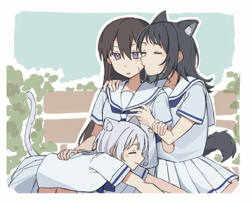 3girls animal_ear_fluff animal_ears bang_dream! bang_dream!_it&#039;s_mygo!!!!! bench black_hair blue_neckerchief blue_shirt brown_hair cat_ears cat_girl cat_tail fang hair_between_eyes hanasakigawa_school_uniform hand_on_another&#039;s_shoulder highres jenjen kaname_raana kemonomimi_mode licking licking_another&#039;s_face long_hair lying medium_hair mole mole_under_eye multiple_girls neckerchief on_lap on_stomach pleated_skirt purple_eyes raana_the_cat sailor_collar school_uniform shiina_taki shirt short_hair sitting skin_fang skirt stretching tail white_hair white_sailor_collar white_shirt white_skirt wolf_ears wolf_girl wolf_tail yahata_umiri yuri