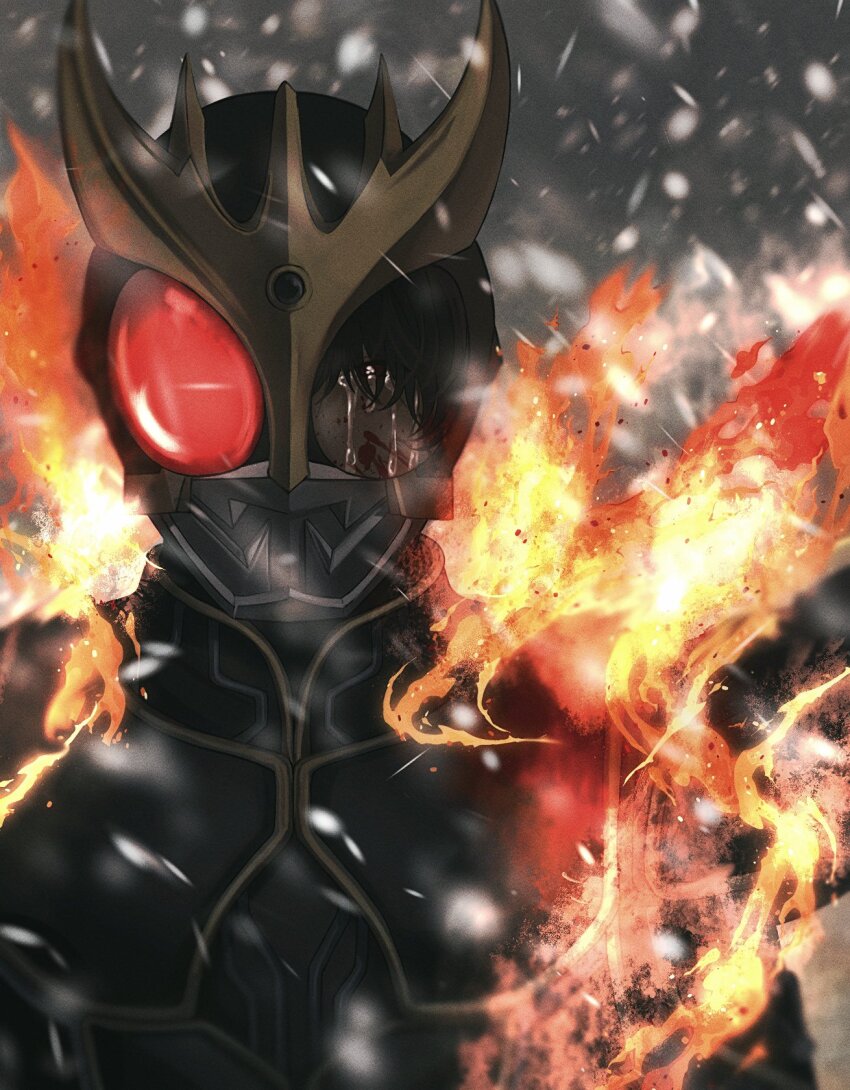 armor black_armor black_gemstone black_hair black_helmet blood blood_on_face breastplate burning compound_eyes crying crying_with_eyes_open fire forehead_jewel gem godai_yuusuke helmet highres horns jewelry kamen_rider kamen_rider_kuuga kamen_rider_kuuga_(series) kamen_rider_kuuga_(ultimate_form) red_eyes sasakura34 shoulder_armor snow snowing tears
