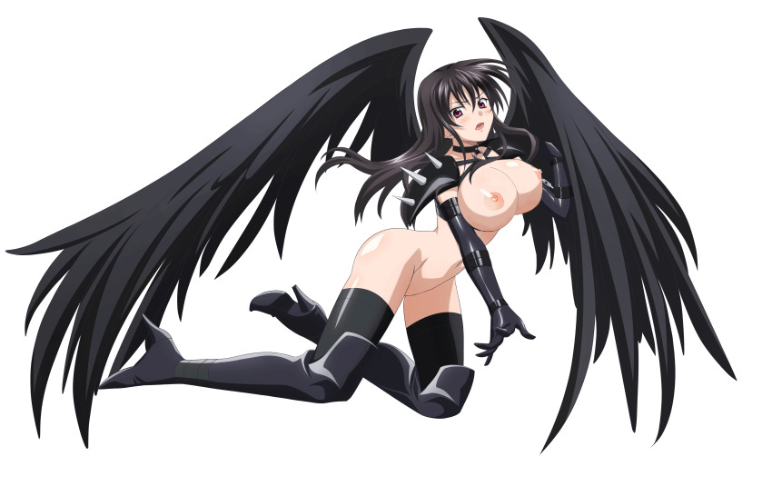 absurdres black_wings boots breasts collar elbow_gloves functionally_nude gloves high_heel_boots high_heels high_school_dxd highres kneeling nipples nude_filter raynare spiked_shoulder_pads thighhighs third-party_edit wings
