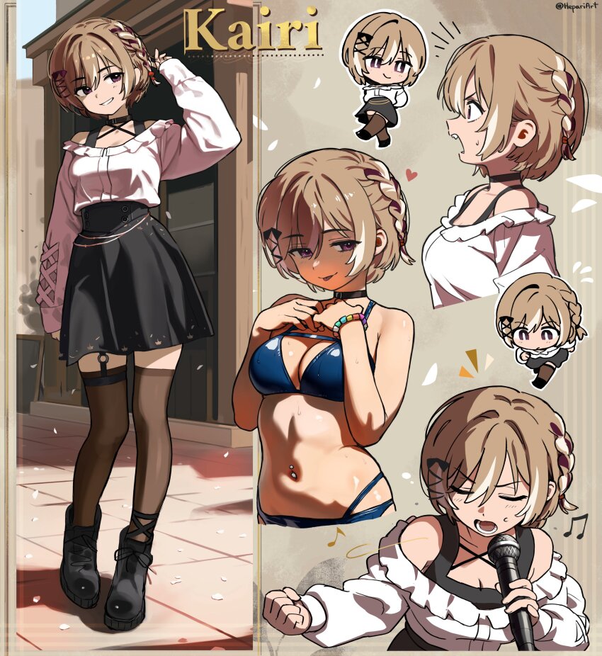 1girl absurdres angry arms_behind_back asymmetrical_legwear bikini black_choker black_pantyhose black_shirt black_shoes black_skirt blue_bikini blush bow bracelet braid breasts brown_hair buttons character_name chibi choker cleavage clenched_hand closed_eyes collar collarbone double-breasted frilled_collar frills from_side frown full_body garter_straps grin hair_bow hair_ornament hairclip hands_on_own_chest heart hepari high-waist_skirt highres holding holding_microphone jewelry leaning_forward long_hair looking_at_viewer microphone multiple_views music musical_note navel navel_piercing o-ring o-ring_legwear_garter off-shoulder_shirt off_shoulder open_mouth original pantyhose piercing pink_shirt purple_eyes running seductive_smile sharp_teeth shirt shoes short_hair side_braid singing skirt sleeveless sleeveless_shirt small_breasts smile solo swimsuit teeth tongue tongue_out twitter_username undershirt upper_body white_shirt