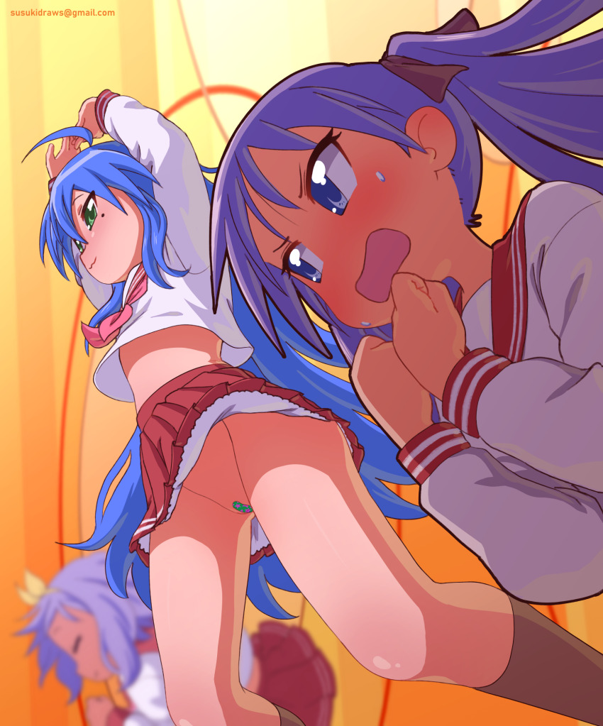 3girls :3 ahoge bandaid bandaid_on_pussy blue_hair blush commentary english_commentary green_eyes highres hiiragi_kagami hiiragi_tsukasa izumi_konata lucky_star mole mole_under_eye multiple_girls neckerchief no_panties pink_neckerchief purple_eyes purple_hair red_sailor_collar ryouou_school_uniform sailor_collar school_uniform serafuku suzuki_(susukidraws) twintails