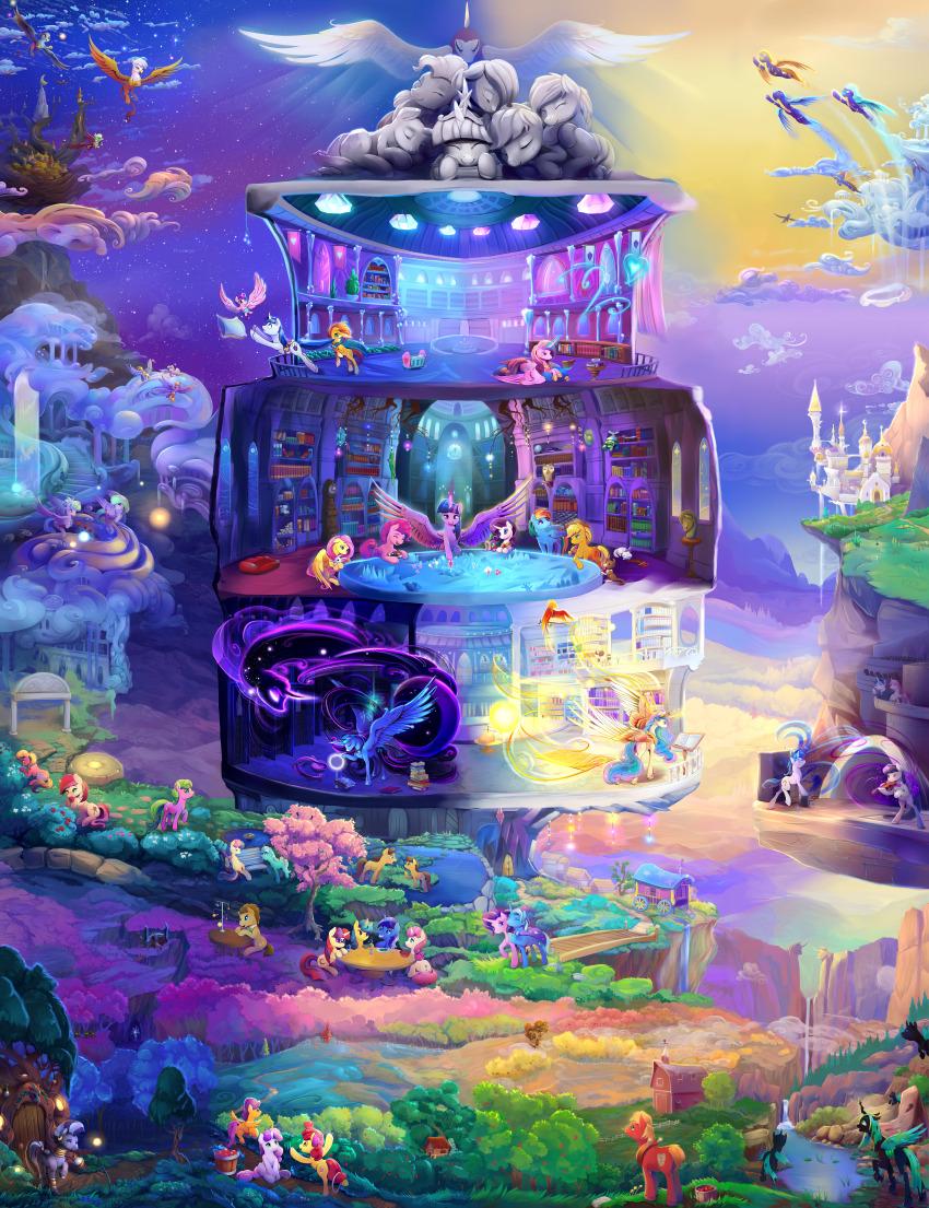 absolutely_everyone absurdly_detailed_composition absurdres alligator angel_bunny animal animal_focus annotation_request apple_bloom applejack baby baby_animal bench big_macintosh bird blaze_(my_little_pony) blossomforth bonbon_(my_little_pony) book caramel_(my_little_pony) castle cat character_request clothed_animal cloud cloud_kicker cloudchaser colorful commentary complex_exterior crocodilian cutie_mark daisy_(my_little_pony) derpy_hooves doctor_whooves dog dragon english_commentary everyone fancypants fleetfoot_(my_little_pony) fleur_de_lis_(my_little_pony) flitter flurry_heart fluttershy flying foal food gabby_(my_little_pony) gilda_(my_little_pony) glowing greta_(my_little_pony) griffin gummy_(my_little_pony) highres horse in-universe_location lauren_faust_(pony) lemon_hearts lily_(my_little_pony) lyra_heartstrings minuette_(my_little_pony) moondancer muffin my_little_pony my_little_pony:_friendship_is_magic no_humans octavia_melody opalescence_(my_little_pony) owl owlowiscious painterly pegasus pet philomena_(my_little_pony) phoenix pinkie_pie pony_(animal) princess_cadance princess_celestia princess_luna queen_chrysalis rabbit rainbow_dash rarity_(my_little_pony) roseluck scenery scootaloo shining_armor sitting sky soarin spike_(my_little_pony) spitfire_(my_little_pony) star_(sky) starlight_glimmer starry_sky statue sunburst_(my_little_pony) sweetie_belle table tank_(my_little_pony) tantabus timberwolf_(my_little_pony) tortoise tree trixie_lulamoon turtle twilight_sparkle twinkleshine unicorn vinyl_scratch viwrastupr winged_unicorn wings winona_(my_little_pony) wonderbolts_uniform zebra zecora