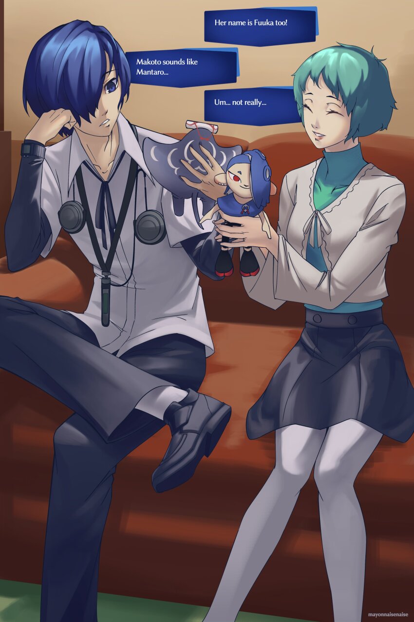 1boy 1girl absurdres aqua_hair artist_name big_man_(splatoon) black_pants black_ribbon black_shoes black_skirt blue_eyes blue_hair character_doll closed_eyes collared_shirt commentary couch crossover english_commentary english_text grin hair_over_one_eye highres indoors long_sleeves mayonnaisenais3 name_connection neck_ribbon nintendo on_couch one_eye_covered pants pantyhose persona persona_3 ribbon shirt shiver_(splatoon) shoes sitting skirt smile socks splatoon_(series) splatoon_3 white_pantyhose white_shirt white_socks yamagishi_fuuka yuuki_makoto_(persona_3)