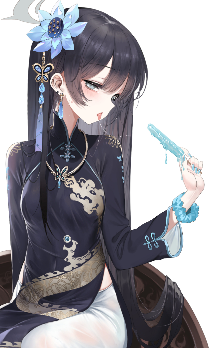 1girl alternate_costume alternate_hairstyle ao_dai black_dress black_hair blue_archive blue_nails blush breasts butterfly_hair_ornament chair commentary_request crystal_earrings cushion dishwasher1910 dragon_print dress earrings fellatio flower food grey_eyes grey_halo hair_flower hair_ornament halo highres holding holding_food holding_popsicle jewelry kisaki_(blue_archive) long_hair long_skirt long_sleeves looking_at_viewer melting_popsicle midriff_peek oral pink_flower popsicle print_dress saliva saliva_trail sexually_suggestive shoes simulated_fellatio sitting skirt small_breasts solo tongue tongue_out vietnamese_clothes white_skirt