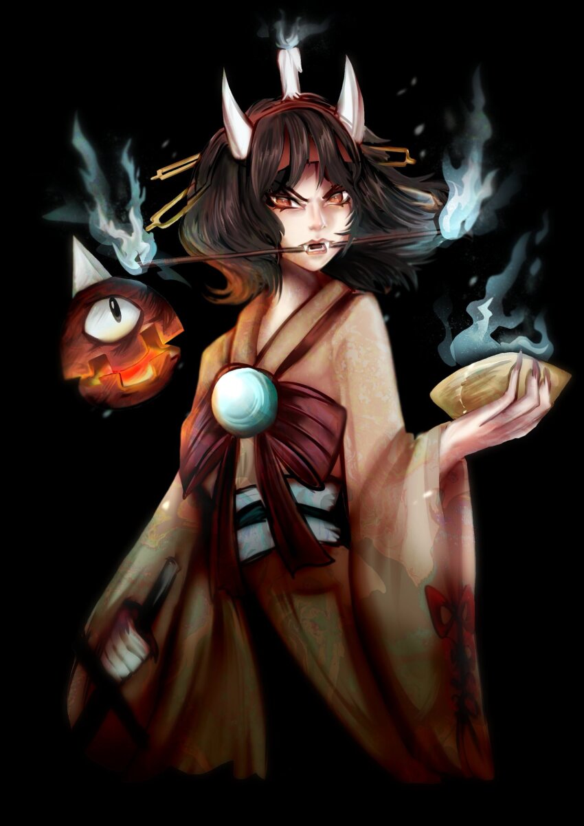 1other androgynous bad_id bad_twitter_id black_background blue_fire bow bowl brown_kimono brown_sleeves burabura candle_on_head commentary cropped_legs english_commentary eyelashes fangs fingernails fire hairband hairpin headband highres holding holding_bowl holding_weapon horns japanese_clothes kimono lantern len&#039;en light_particles long_sleeves looking_at_viewer luo_qiangwei mouth_guard multiple_hairpins open_mouth orange_eyes other_focus pink_lips red_bow red_hairband red_headband sharp_fingernails simple_background taira_no_chouki v-shaped_eyebrows waist_bow weapon white_horns wide_sleeves