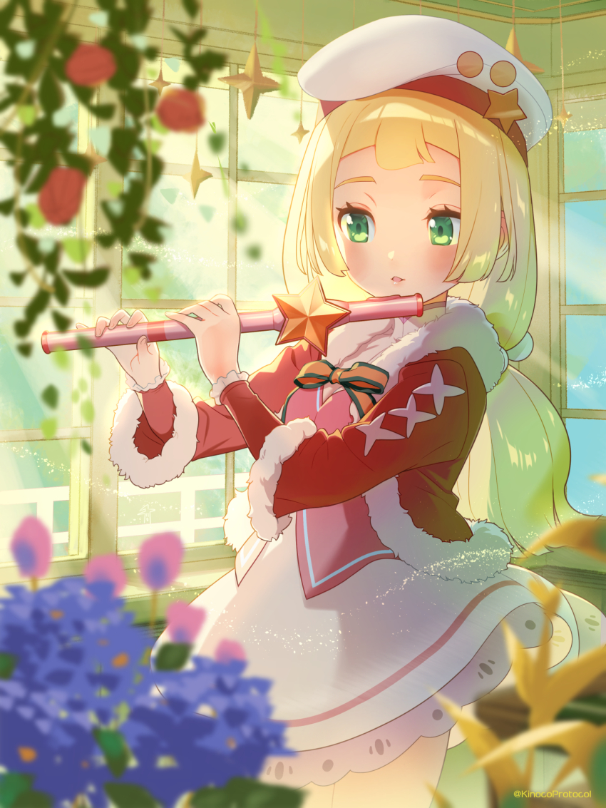 1girl blonde_hair blue_flower blurry blush breasts cleavage day depth_of_field dress flower flute fur-trimmed_sleeves fur_trim green_eyes hands_up hat highres holding holding_flute holding_instrument indoors instrument kinocopro lillie_(holiday_2024)_(pokemon) lillie_(pokemon) long_hair long_sleeves medium_dress nintendo official_alternate_costume open_clothes open_shirt parted_lips pink_dress pokemon pokemon_masters_ex recorder red_shirt shirt solo standing straight_hair two-tone_dress white_dress white_hat window