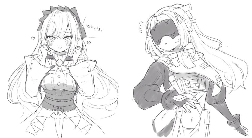 2girls ahoge arms_up blindfold_mask blush bow bowtie center_frills covered_eyes drill_hair fingerless_gloves frills gem gloves greyscale hair_ornament hairband heart high-waist_skirt long_hair looking_at_viewer looking_to_the_side mask monochrome multiple_girls navel notice_lines open_mouth pepa_xgame ponytail shrug_(clothing) simple_background skirt triangle_hair_ornament trigger_(zenless_zone_zero) upper_body vivian_banshee white_background zenless_zone_zero