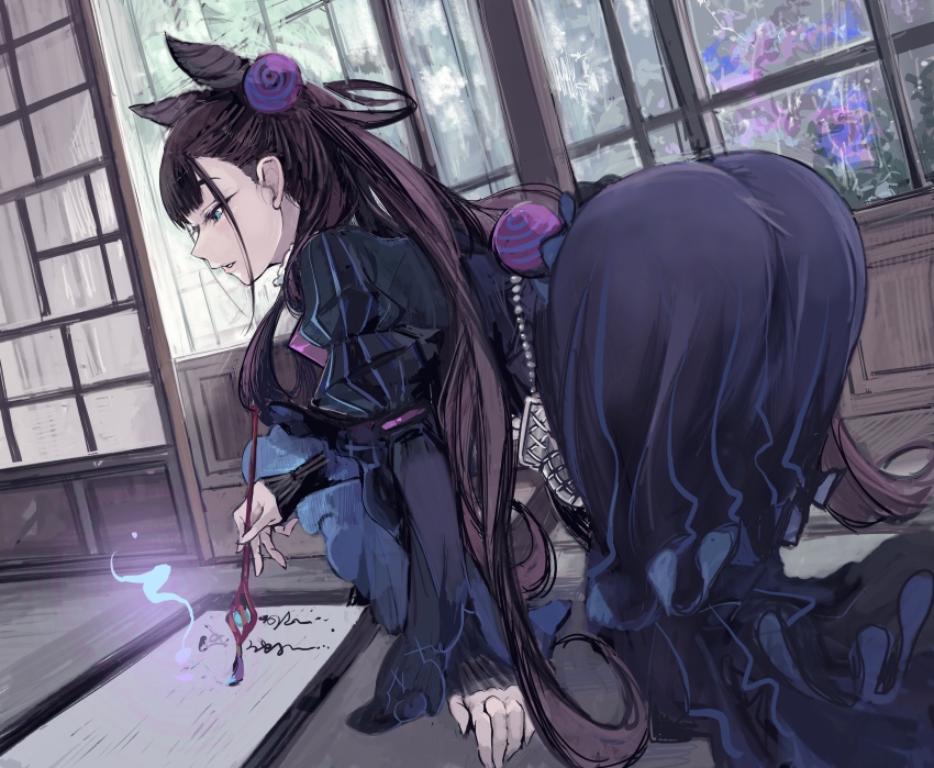 1girl absurdres all_fours ass black_dress blue_eyes brown_hair calligraphy_brush cone_hair_bun dress ebichannoshippo fate/grand_order fate_(series) hair_bun highres juliet_sleeves long_hair long_sleeves murasaki_shikibu_(fate) paintbrush puffy_sleeves window writing
