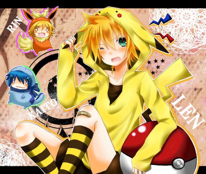 1girl 2boys cosplay green_eyes hakiri_tooru_(len0530) hood hoodie kagamine_len kagamine_rin kaito_(vocaloid) kneehighs multiple_boys one_eye_closed open_mouth patterned_legwear pikachu_(cosplay) shorts sitting socks striped_clothes striped_socks two-tone_stripes vocaloid wink
