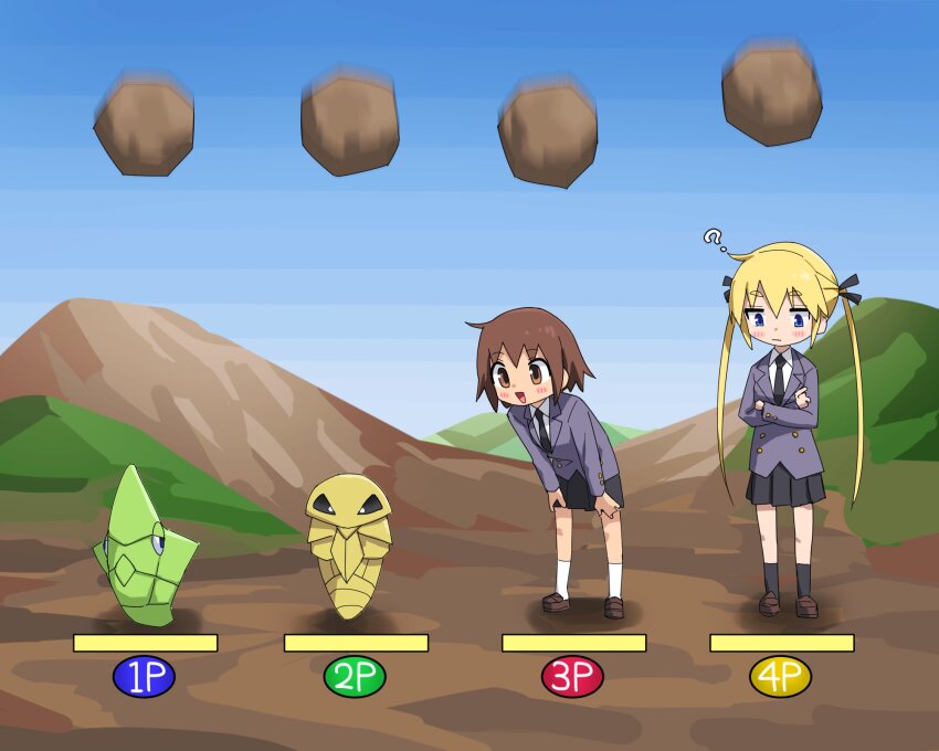 2girls ? black_ribbon black_skirt blonde_hair brown_eyes brown_hair closed_mouth crossover day gameplay_mechanics gen_1_pokemon hair_ribbon highres jacket kakuna kill_me_baby leaning_forward long_hair long_sleeves metapod multiple_girls nintendo open_mouth oribe_yasuna outdoors pleated_skirt pokemon pokemon_(creature) pokemon_stadium ribbon rock short_hair skirt sky sonya_(kill_me_baby) standing twintails yachima_tana