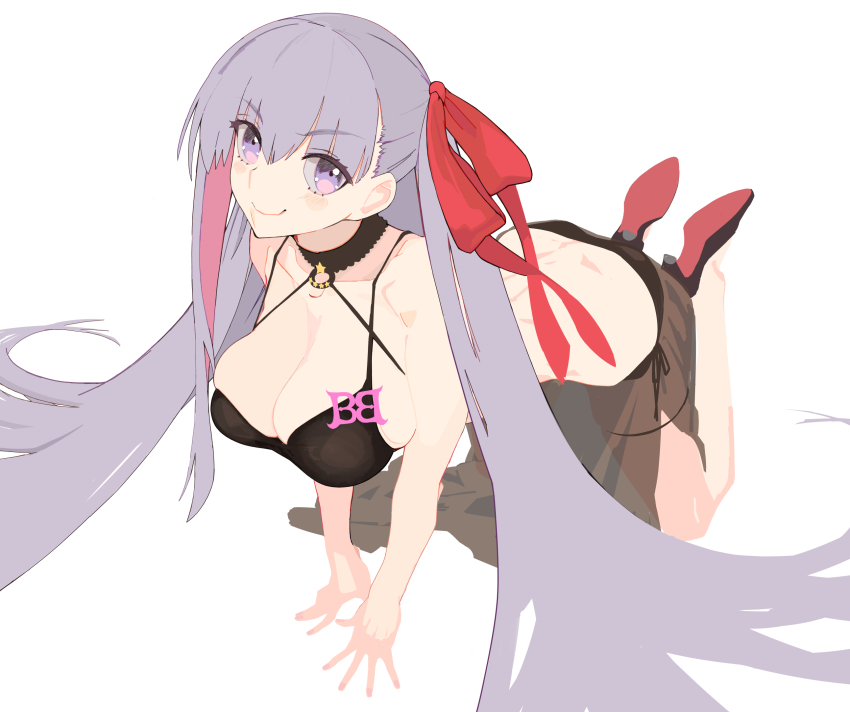 1girl all_fours bad_id bad_twitter_id bare_shoulders bb_(fate) bb_(fate/extra) bikini black_bikini blush breasts cleavage collarbone fate/extra fate/extra_ccc fate_(series) hair_ribbon high_heels highres large_breasts long_hair looking_at_viewer purple_eyes purple_hair red_ribbon ribbon sarong smile solo swimsuit very_long_hair wr_(karakusa_senbei)