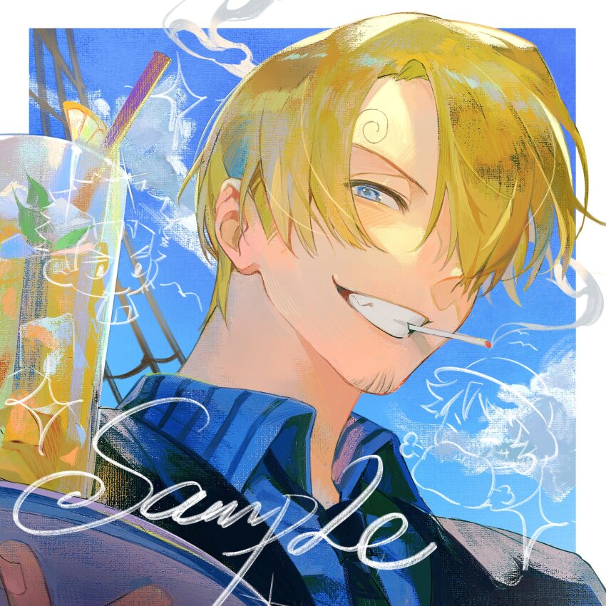 1boy black_suit blonde_hair blue_eyes blue_shirt blush cigarette clenched_teeth cloud collared_shirt curly_eyebrows drinking_straw facial_hair formal_clothes goatee hair_over_one_eye hashtag-only_commentary highres holding holding_plate looking_at_viewer lucis0407 male_focus monkey_d._luffy one_piece outdoors plate roronoa_zoro sample_watermark sanji_(one_piece) shirt short_hair smile smoke striped_clothes striped_shirt suit teeth vertical-striped_clothes vertical-striped_shirt watermark