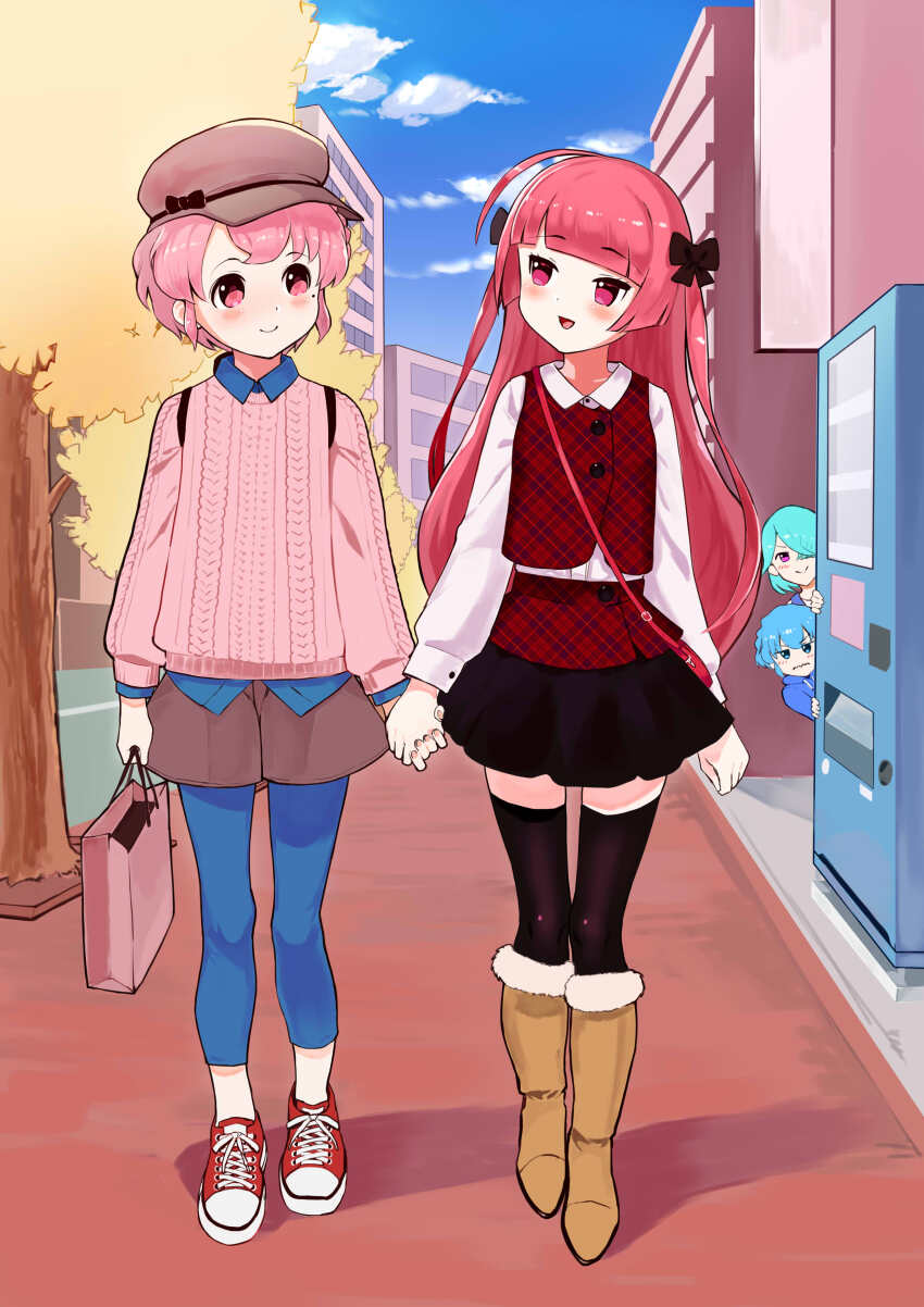 1boy 3girls absurdres black_bow black_skirt blue_hair blue_shirt blue_sky blunt_bangs boots bow cloud cloudy_sky dorothy_west full_body fur-trimmed_boots fur_trim hair_bow highres hojo_cosmo hojo_sophy holding_hands long_hair long_sleeves looking_at_another multiple_girls multiple_hair_bows outdoors peeking pink_eyes pink_hair pink_sweater pleated_skirt pretty_series pripara red_eyes red_hair reona_west shirt short_hair skirt sky sweater thighhighs toranoe tree walking white_shirt