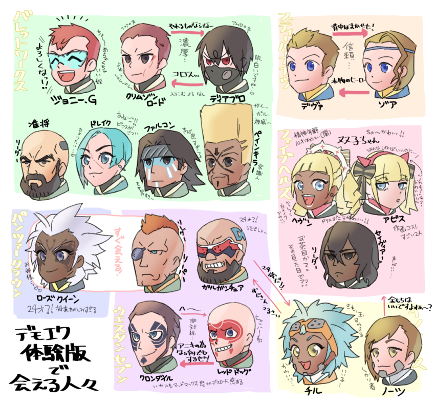 6+boys 6+girls :3 ^_^ arrow_(symbol) bald beard black_bow black_eyes blonde_hair blue-tinted_eyewear blue_eyes blue_hair blue_headband blunt_bangs border bow braid brown_hair character_name character_request closed_eyes closed_mouth daemon_x_machina dark-skinned_female dark-skinned_male dark_skin earrings everyone eyepatch eyewear_on_head facepaint facial_hair flattop forehead green_eyes grey_eyes grey_headband grin hair_between_eyes hair_bow hair_intakes hairband half-closed_eyes happy headband heart japanese_text jewelry johnny_g_(daemon_x_machina) long_hair looking_at_viewer mask mohawk mouth_mask multiple_boys multiple_girls notice_lines open_mouth orange-framed_eyewear orange_hair portrait red-tinted_eyewear red_eyes red_hairband relationship_graph scar scar_on_face short_hair sidelocks sketch smile spade_(shape) spiked_hair spoken_heart striped_bow stud_earrings sunglasses talking teeth tinted_eyewear translation_request tsunetaka_rakurai v-shaped_eyebrows white_border white_hair yellow_eyes