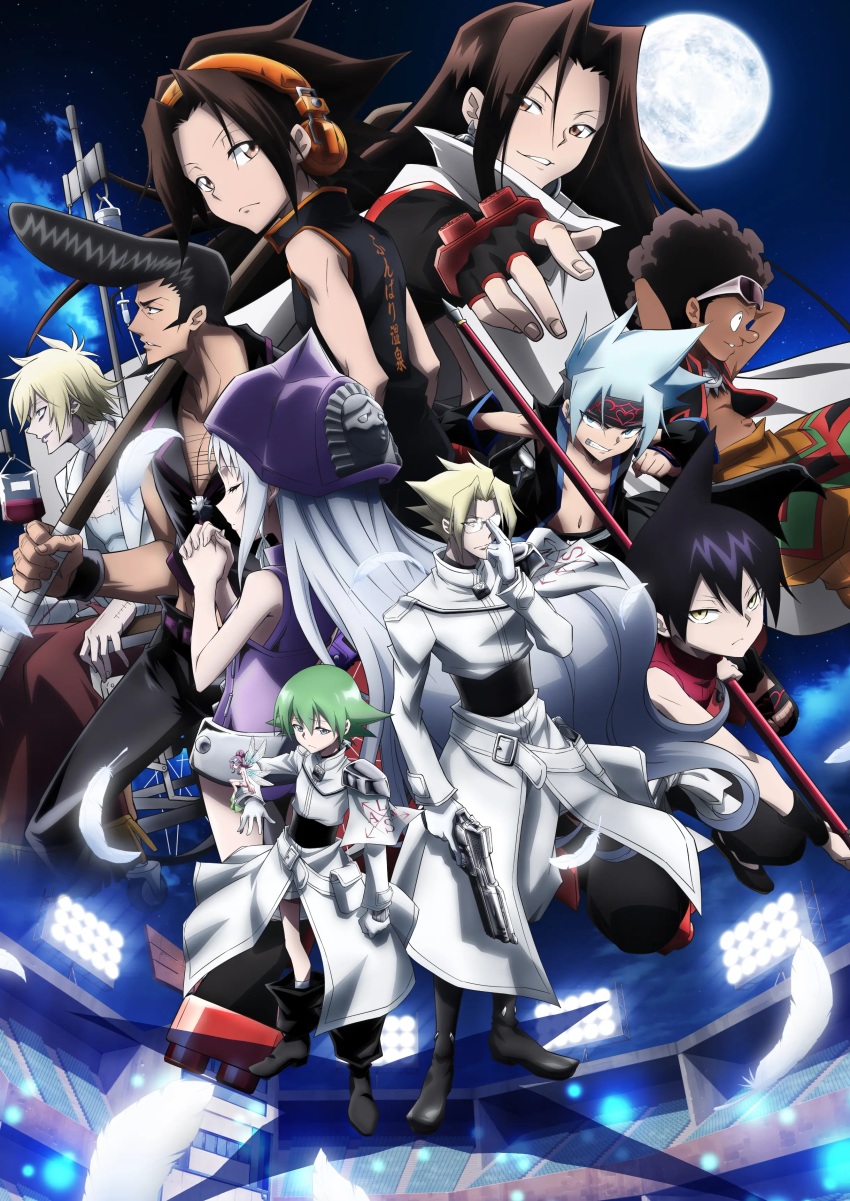 2girls 6+boys absurdres asakura_hao asakura_yoh back_tattoo black_hair blonde_hair brothers chocolove_mcdonell facial_hair fairy ghost hairband headphones helmet highres holding holding_sword holding_weapon johann_faust_viii leotard long_hair looking_at_viewer looking_away looking_to_the_side lyserg_diethel marco_lasso morphine multiple_boys multiple_girls navel night night_sky official_art open_clothes open_shirt polearm pompadour praying shaman_king short_hair siblings simple_background sky smile spiked_hair stadium sword tao_ren tattoo umemiya_ryuunosuke usui_horokeu very_long_hair weapon