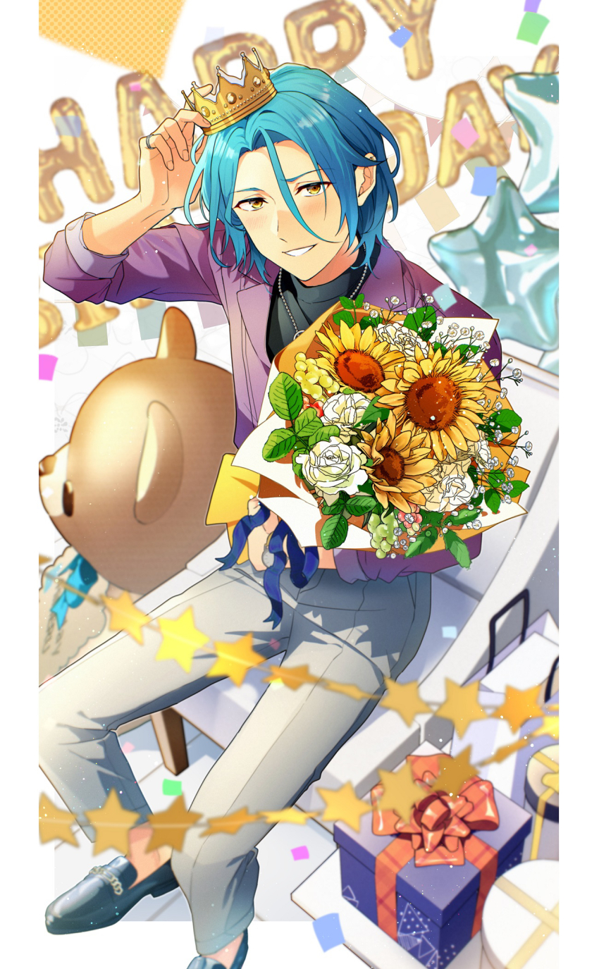 1boy adjusting_clothes adjusting_headwear arm_up balloon bishounen black_shirt black_shoes blue_hair blurry bouquet box bunting chair crown curtained_hair depth_of_field dress_shoes ensemble_stars! flower foot_out_of_frame from_above furrowed_brow gift gift_box grey_pants hair_between_eyes happy_birthday highres himeru_(ensemble_stars!) holding holding_bouquet jacket jewelry kaneko_(05244256) light_blush light_smile loafers looking_at_viewer male_focus medium_hair mini_crown official_style on_chair pants pinky_ring purple_jacket ring rose shirt shoes sitting solo split_mouth star_(symbol) star_balloon stuffed_animal stuffed_toy sunflower teddy_bear teeth turtleneck turtleneck_shirt white_flower white_rose yellow_eyes
