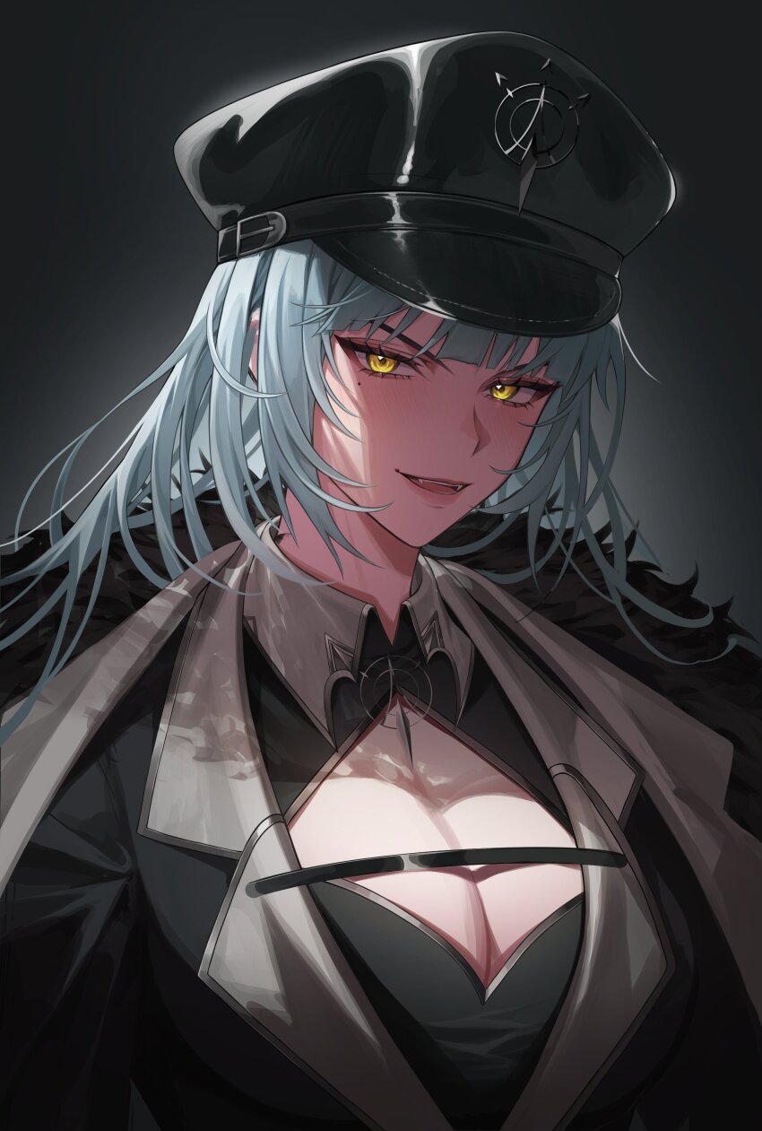 1girl absurdres black_coat black_hat blue_hair breasts chest_strap cleavage cleavage_cutout clothing_cutout coat collar commission eyelashes fangs fur-trimmed_coat fur_trim grey_collar hat highres indie_virtual_youtuber long_hair milkie_(vtuber) parted_lips peaked_cap pluvio solo upper_body virtual_youtuber yellow_eyes