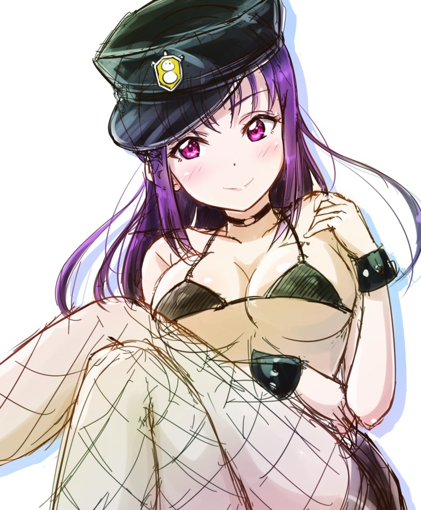 1girl blush breasts ckst cleavage female_focus hat highres kazuno_sarah large_breasts love_live! love_live!_sunshine!! medium_breasts purple_eyes purple_hair saint_snow smile solo