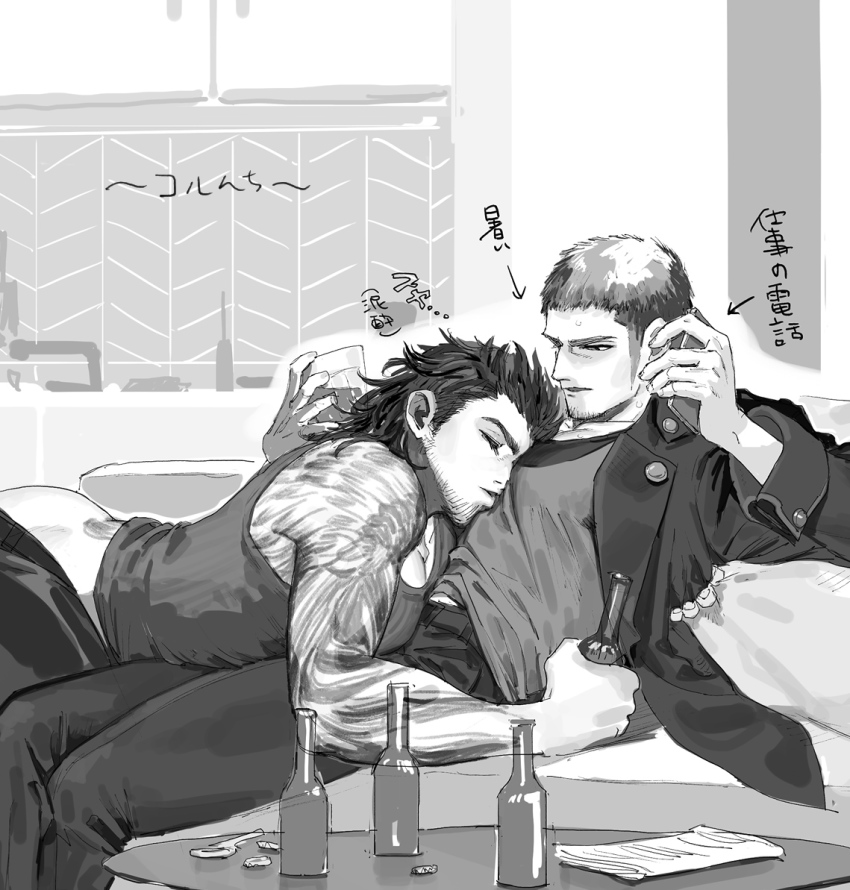 2boys ass bara beard blush bottle bottomless cor_leonis couch couple cup face_to_pecs facial_hair final_fantasy final_fantasy_xv gladiolus_amicitia greyscale hair_slicked_back in_higashiyama large_pectorals long_sideburns male_focus mature_male medium_hair monochrome multiple_boys muscular muscular_male on_couch pants pectoral_pillow pectorals scar scar_across_eye scar_on_face short_hair sideburns sleeping sleeping_on_person stubble tank_top toned toned_male translation_request undercut wine_bottle yaoi