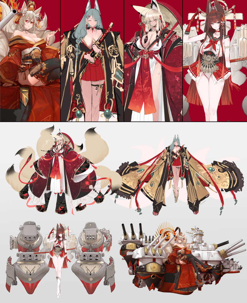 1girl absurdres animal_ear_fluff animal_ears arm_support arm_up azur_lane bare_shoulders black_thighhighs blonde_hair bow breasts brown_hair brown_shoes cannon choker cleavage closed_eyes commentary concept_art crossed_legs dishwasher1910 facial_mark fox fox_ears fox_girl fox_tail full_body geta gloves gradient_hair graph grey_background grey_hair hair_between_eyes hair_ornament hairclip hand_up highres holding holding_smoking_pipe holding_sword holding_weapon japanese_clothes jewelry katana kimono kiseru kitsune kyuubi large_breasts leotard long_hair long_sleeves looking_at_viewer low_neckline machinery mole mole_on_breast multicolored_hair multiple_tails multiple_views necktie obi off_shoulder original parted_lips personification platform_heels radar_chart red_background red_bow red_choker red_eyes red_gloves red_hair red_kimono red_serafuku red_skirt ribbon rigging robe sandals sash school_uniform serafuku sheath ship_turret shoes short_kimono side_slit sideboob simple_background sitting sketch skirt smoke smoking_pipe standing sword tabi tail tassel thighhighs thighs torpedo_launcher torpedo_tubes weapon white_background wide_sleeves