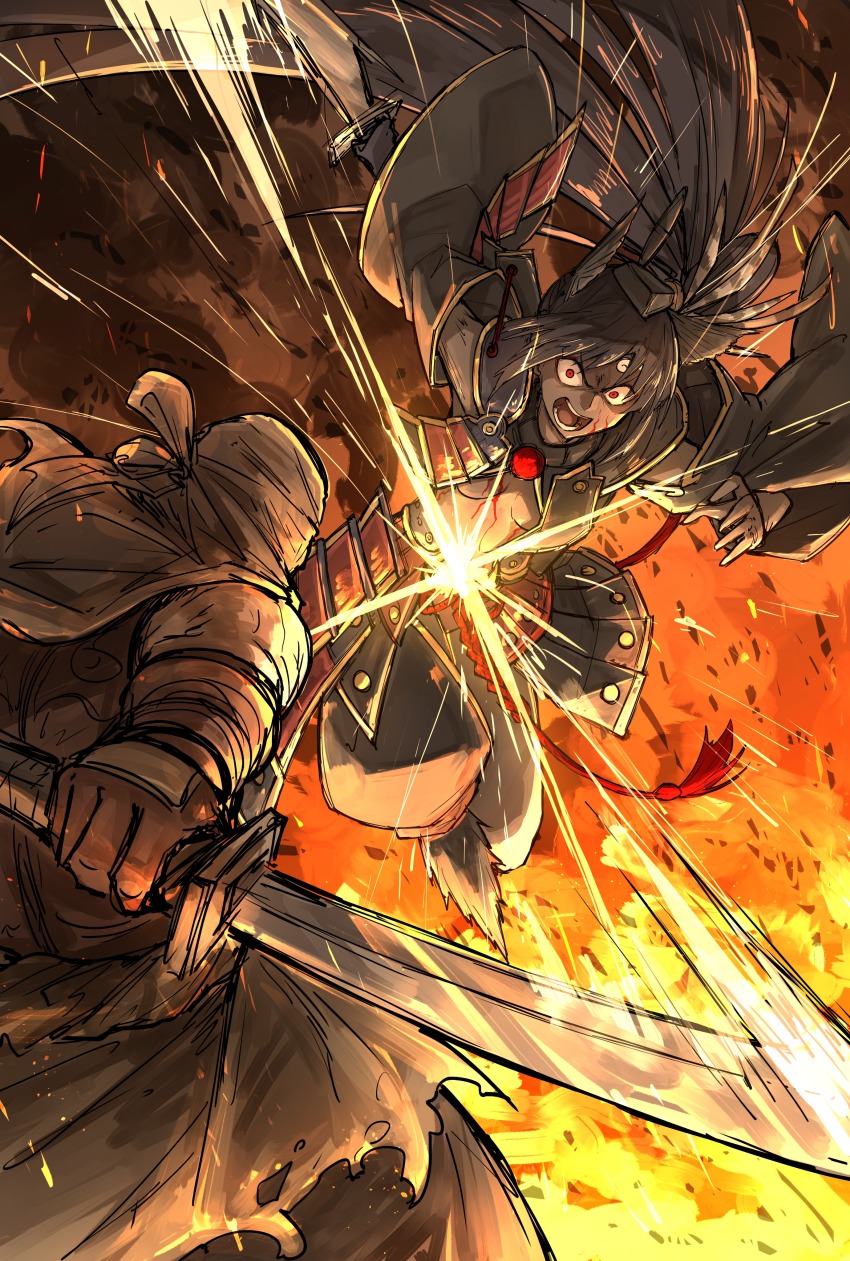 1boy 1girl absurdres armor bad_id bad_twitter_id battle black_gloves black_hair black_sleeves breast_curtains dark-skinned_female dark_persona dark_skin detached_sleeves duel fate/grand_order fate_(series) feathers fire gloves hat highres holding holding_sword holding_weapon japanese_armor kankan33333 katana kusazuri musashibou_benkei_(fate) pom_pom_(clothes) red_eyes revealing_clothes shoulder_armor sode sparks sword tassel tate_eboshi ushiwakamaru_(corrupted)_(fate) ushiwakamaru_(fate) weapon wide_sleeves
