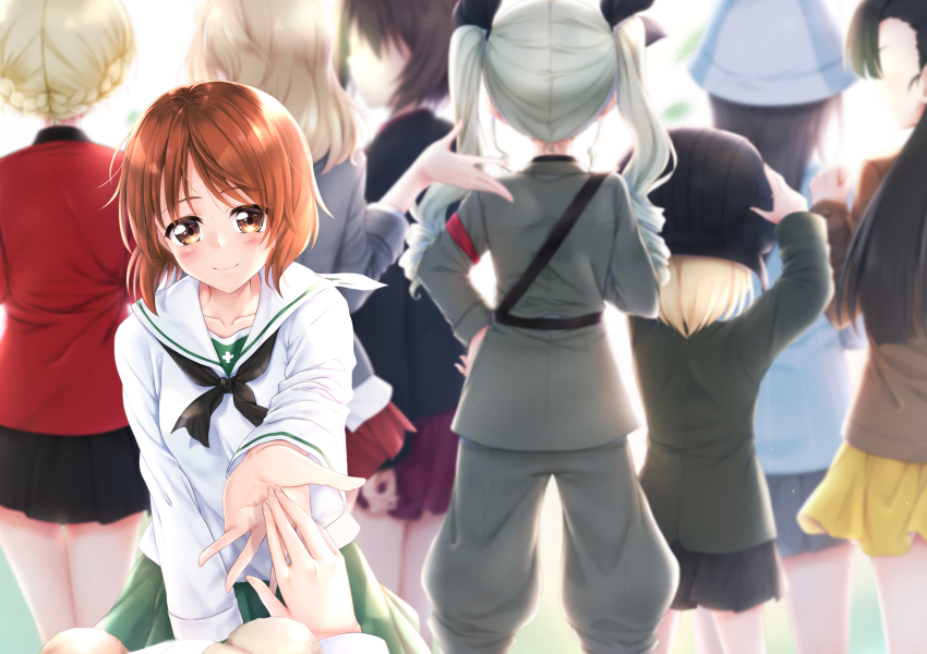 anchovy_(girls_und_panzer) backlighting black_neckerchief blouse blue_shirt blurry blurry_background blush boko_(girls_und_panzer) braid braided_bun brown_eyes brown_hair commentary_request darjeeling_(girls_und_panzer) depth_of_field facing_away girls_und_panzer green_skirt hair_bun helmet highres holding_hands katyusha_(girls_und_panzer) kay_(girls_und_panzer) long_sleeves looking_at_viewer mika_(girls_und_panzer) mini_dang01 miniskirt neckerchief nishi_kinuyo nishizumi_maho nishizumi_miho ooarai_school_uniform pleated_skirt pov sailor_collar school_uniform serafuku shimada_arisu shirt short_hair siblings sisters skirt standing striped_clothes striped_shirt stuffed_animal stuffed_toy tank_helmet teddy_bear textless_version trait_connection tulip_hat twin_braids vertical-striped_clothes vertical-striped_shirt white_sailor_collar white_shirt