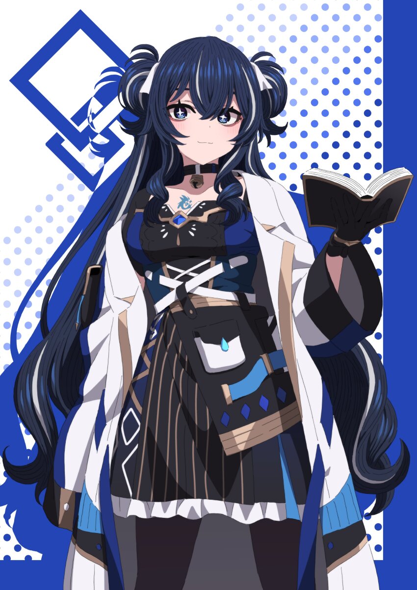 +_+ 1girl aallotar_(ac8231) absurdres aoi_suzu bell black_dress black_pantyhose blue_dress blue_eyes blue_hair blush book breasts chest_tattoo closed_mouth coat commission double_bun dress hair_bun hand_up highres holding holding_book lab_coat long_hair long_sleeves looking_at_viewer neck_bell off_shoulder open_book open_clothes open_coat original pantyhose polka_dot polka_dot_background ribbon second-party_source skeb_commission sleeves_past_fingers sleeves_past_wrists solo sparkling_eyes standing symbol-shaped_pupils tattoo two-tone_dress white_coat white_ribbon