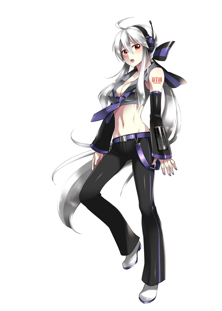 1girl ahoge bare_shoulders belt bow breasts caffein cleavage detached_sleeves female_focus hair_bow headset highres long_hair looking_at_viewer nail_polish navel necktie open_mouth orange_eyes sidelocks silver_hair solo tattoo very_long_hair vocaloid yowane_haku