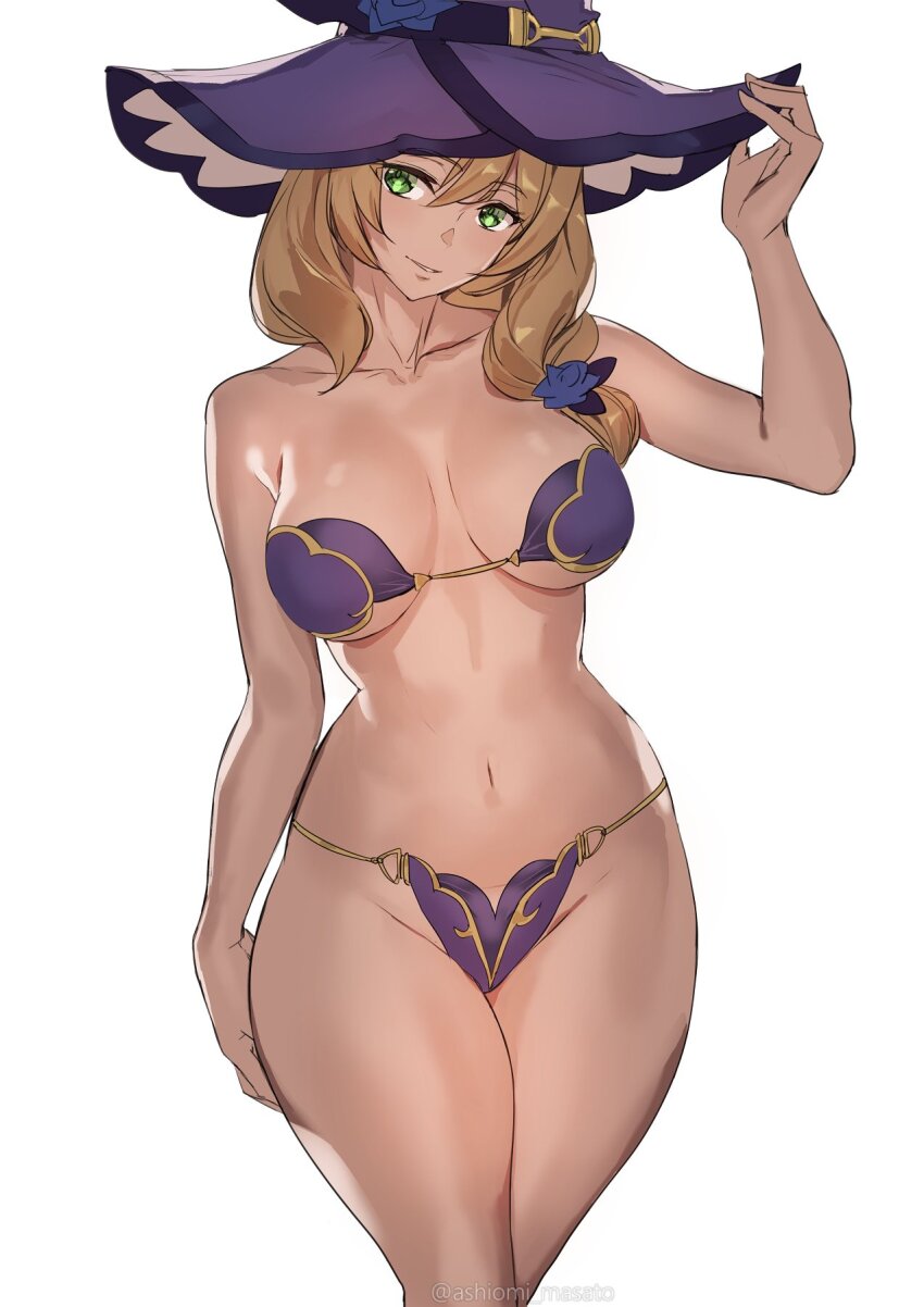 1girl ashiomi_masato bare_shoulders bikini blush breasts breasts_apart brown_hair collarbone flower genshin_impact green_eyes hat hat_belt hat_flower highres large_breasts lisa_(genshin_impact) long_hair looking_at_viewer purple_bikini purple_hat simple_background smile solo swimsuit thighs white_background witch_hat