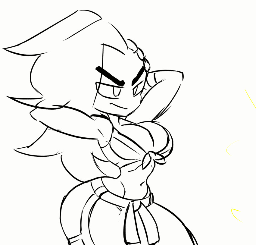 1girl animated animated_gif armpits arms_behind_head ass bracelet brazil breasts cleavage collarbone crop_top electricity front-tie_top highres jellot jewelry laura_matsuda long_hair midriff navel pants smile solo street_fighter thick_thighs thighs