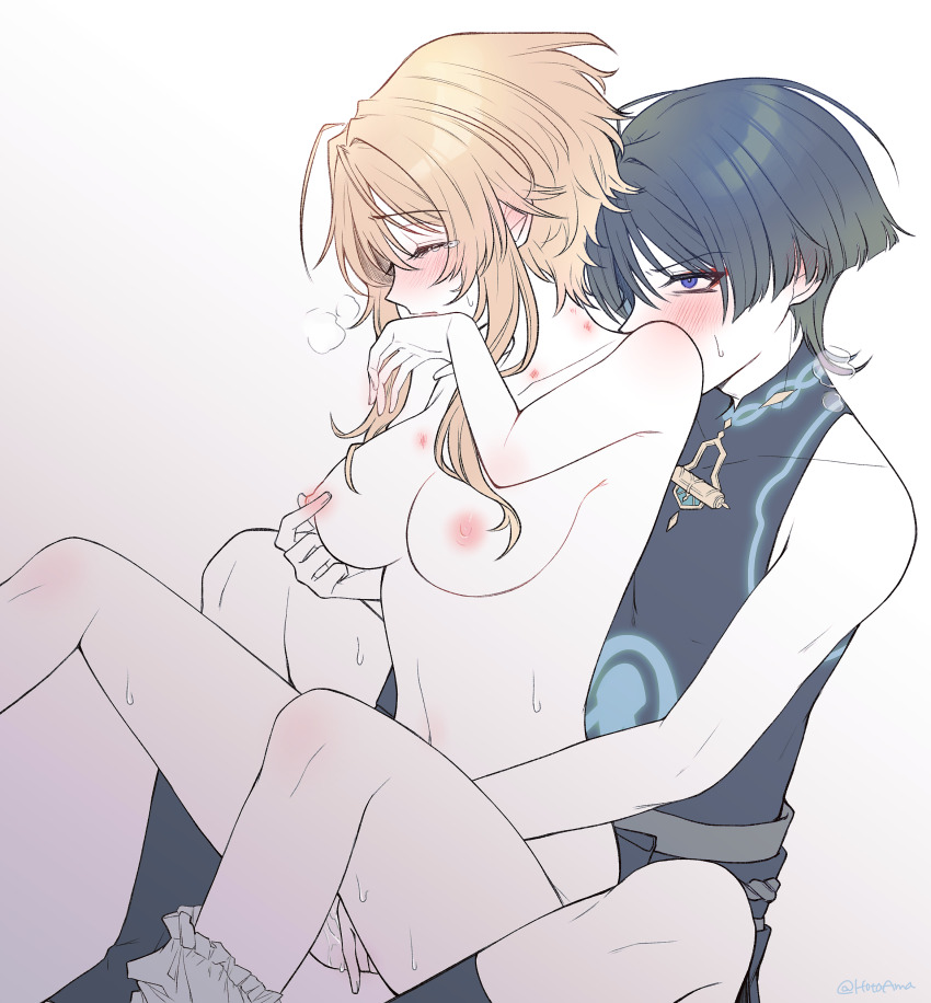 1boy 1girl absurdres ahoge amano_hotaru_(hotaama) bare_shoulders belt black_belt black_bodysuit black_bow black_eyes black_hair blonde_hair bloomers bloomers_around_one_leg blunt_ends blush bodysuit bow breasts closed_eyes clothed_male_nude_female collarbone couple covered_collarbone covering_own_mouth eyelashes eyeliner eyeshadow fingering fingering_from_behind genshin_impact girl_on_top glowing_markings grabbing_another&#039;s_breast grey_belt grey_sash groping hair_intakes hand_on_another&#039;s_crotch hetero hickey highres kissing_shoulder knees looking_at_another loose_hair_strand lumine_(genshin_impact) makeup mandarin_collar navel nipple_rub nipple_stimulation nipples nude pussy_juice red_eyeliner red_eyeshadow scaramouche_(genshin_impact) short_hair short_hair_with_long_locks sidelocks sleeveless sleeveless_bodysuit sweat sweatdrop tearing_up tears underwear wanderer_(genshin_impact) white_bloomers