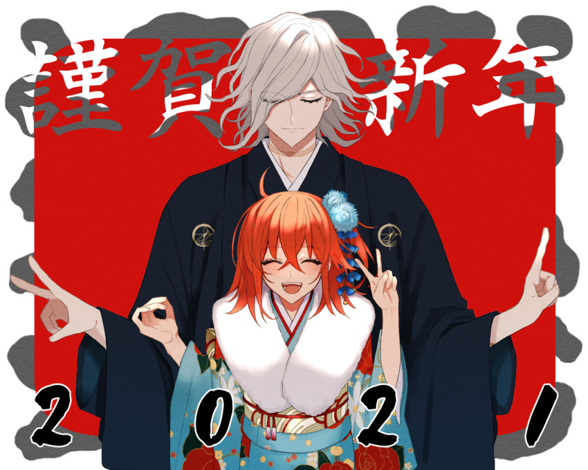 1boy 1girl 2021 alternate_costume closed_eyes commentary_request edmond_dantes_(fate) fate/grand_order fate_(series) fujimaru_ritsuka_(female) grey_hair height_difference japanese_clothes kimono laughing new_year orange_hair ringo_2000 short_hair simple_background smile translation_request